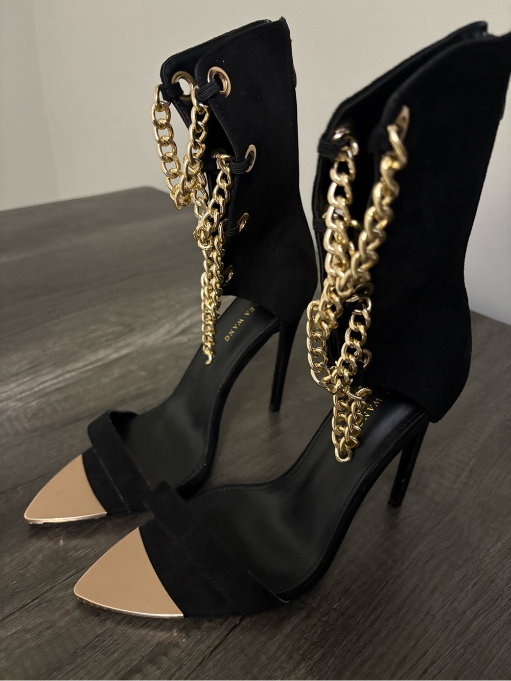 Azalea Wang-NEW- Suede Stiletto Sandals with Gold Chain Detail